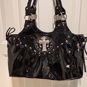 Black Patent Leather Handbag with Rhinestone Cross